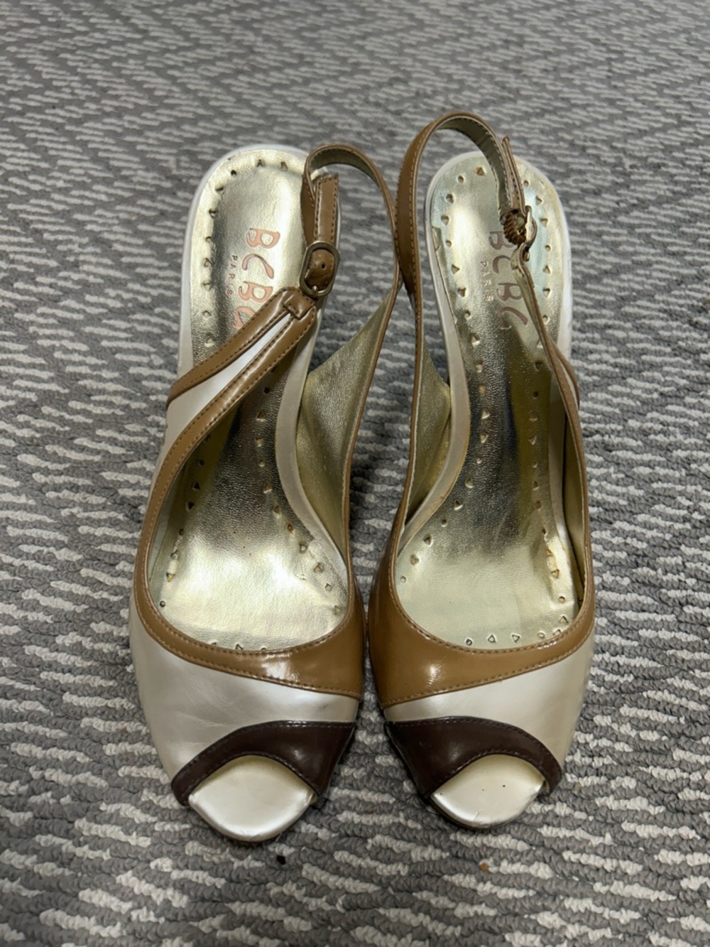 BCBG Two-Tone Brown, Cream & Dark Brown Leather Slingback Heels